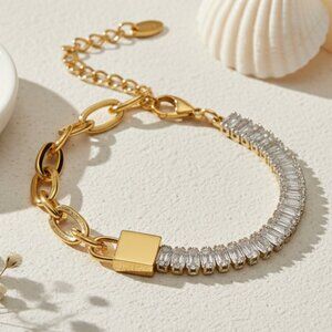🆕️ 18K Gold Plated Bracelet With Sparkling Zirconia Baguettes & Padlock Design